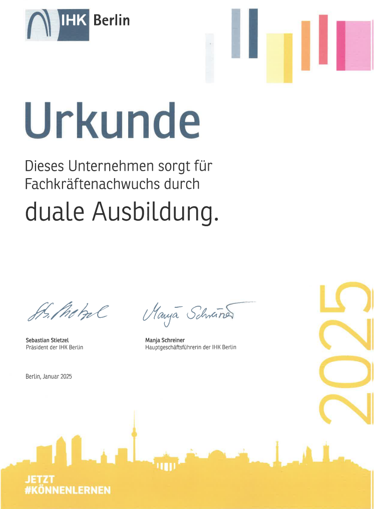 Ausbilder-Urkunde der IHK Berlin für die Guardius GmbH